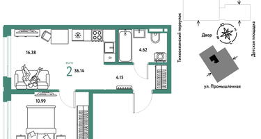 2-к. квартира, 36 м²