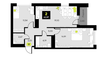 2-к. квартира, 62 м²