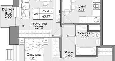 2-к. квартира, 45&nbsp;м²