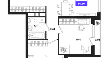 2-к. квартира, 60&nbsp;м²