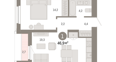 1-к. квартира, 46 м²