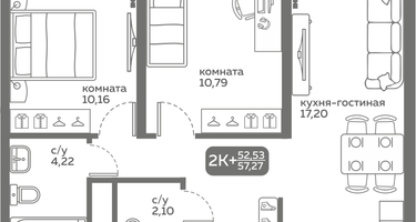2-к. квартира, 52&nbsp;м²