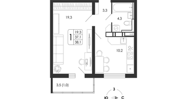 1-к. квартира, 38 м²