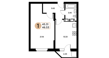 1-к. квартира, 45&nbsp;м²