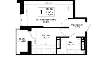 1-к. квартира, 33&nbsp;м²