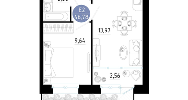 1-к. квартира, 46&nbsp;м²