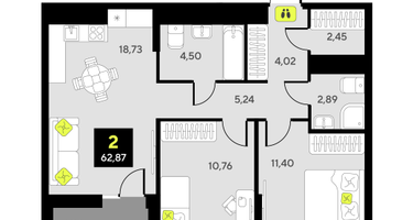 2-к. квартира, 62&nbsp;м²