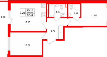 2-к. квартира, 56&nbsp;м²
