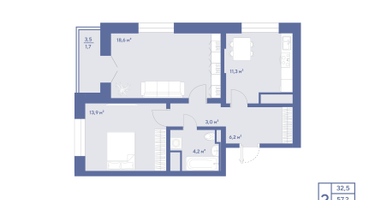 2-комнатная квартира, 58&nbsp;м²