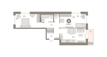 2-к. квартира, 61&nbsp;м²