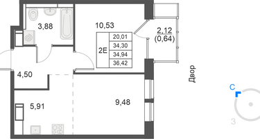 2-к. квартира, 34&nbsp;м²