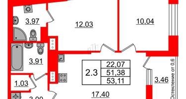 2-к. квартира, 51&nbsp;м²