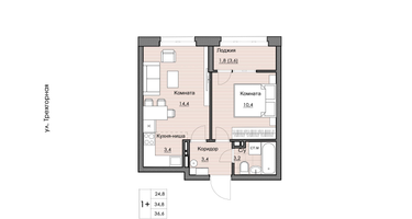 1-к. квартира, 36&nbsp;м²