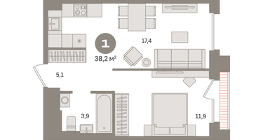 1-к. квартира, 38 м²