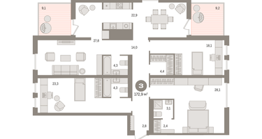 3-к. квартира, 172&nbsp;м²