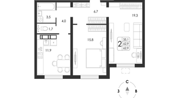 2-к. квартира, 62 м²