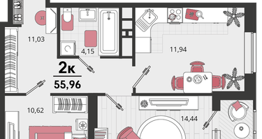 2-к. квартира, 55 м²