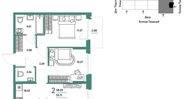 2-к. квартира, 58&nbsp;м²