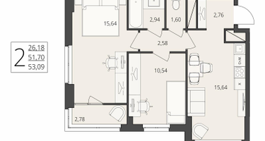 2-к. квартира, 53 м²