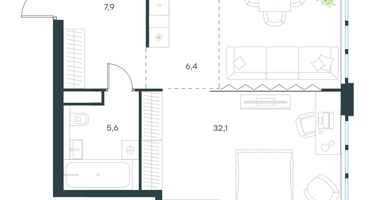 1-к. квартира, 52&nbsp;м²