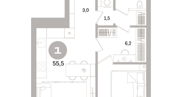 1-к. квартира, 55&nbsp;м²
