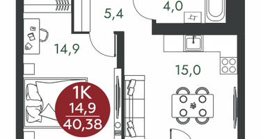 1-к. квартира, 40 м²