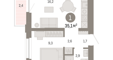 1-к. квартира, 35 м²