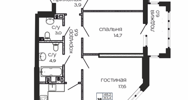 3-к. квартира, 89&nbsp;м²