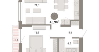 1-к. квартира, 45&nbsp;м²
