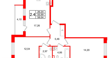 2-к. квартира, 55&nbsp;м²