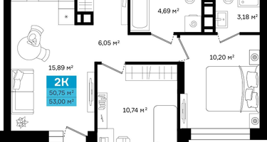 2-к. квартира, 53 м²