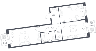 2-к. квартира, 61&nbsp;м²