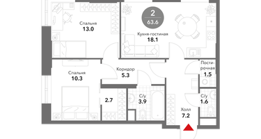 2-к. квартира, 65&nbsp;м²