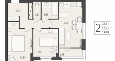 2-к. квартира, 54&nbsp;м²