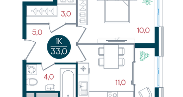 1-к. квартира, 33 м²