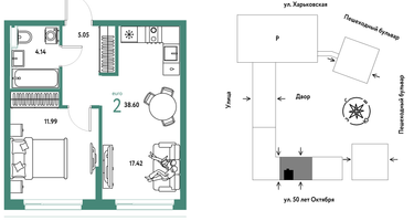 2-к. квартира, 38&nbsp;м²