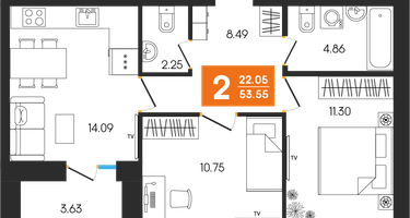 2-к. квартира, 53&nbsp;м²