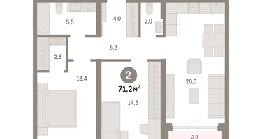 2-к. квартира, 71 м²
