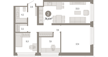 2-к. квартира, 74&nbsp;м²