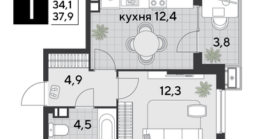 1-к. квартира, 38&nbsp;м²