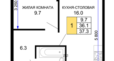 1-к. квартира, 37&nbsp;м²