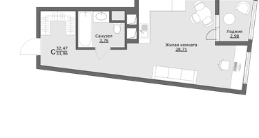 Студия, 33&nbsp;м²