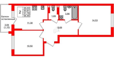 2-к. квартира, 51&nbsp;м²