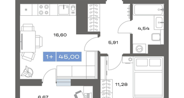 1-к. квартира, 45&nbsp;м²