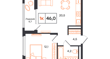1-к. квартира, 46 м²