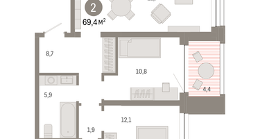 2-к. квартира, 69 м²