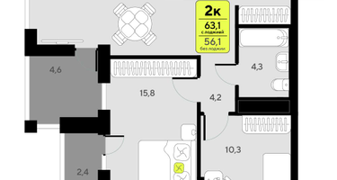2-к. квартира, 63&nbsp;м²