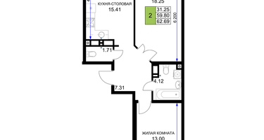 2-к. квартира, 62&nbsp;м²