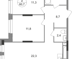 2-к. квартира, 60&nbsp;м²