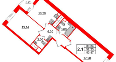2-к. квартира, 52&nbsp;м²